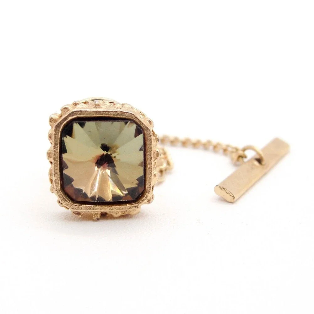 Vintage Gold Tone Square Smoky Crystal Rhinestone Tie Tac Pin Chain Wedding